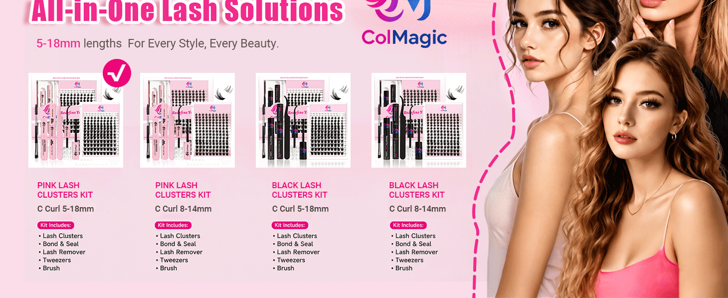 ColMagic Wispy Natural Bunny Lash Cluster Kit, D Curl 5–18mm, Pink DIY Set