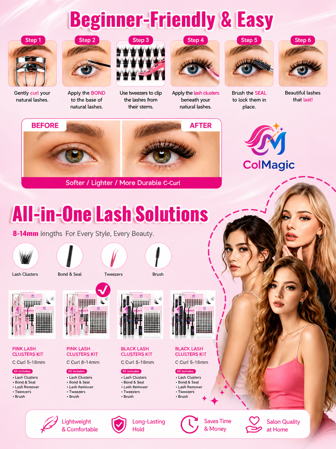Wispy Natural Bunny Lash Clusters Kit - Fairy Individual Spikes Cluster Lashes D Curl 8-14mm, Invisible Band Eyelash Extensions with Manga