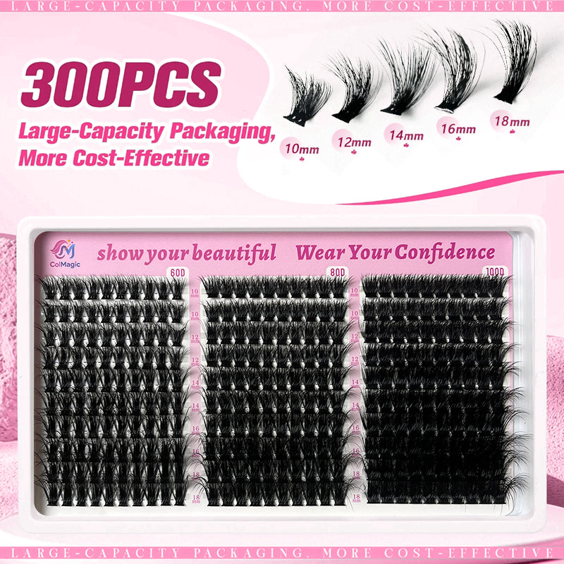 ColMagic DIY Mixed Eyelashes Kit 10-18mm 60D/80D/100D Curls 300 Clusters Waterproof Hypoallergenic Lightweight for Natural No-Makeup Look Daily Wear Cosmetic Gentle soft fluffy volume  fans
