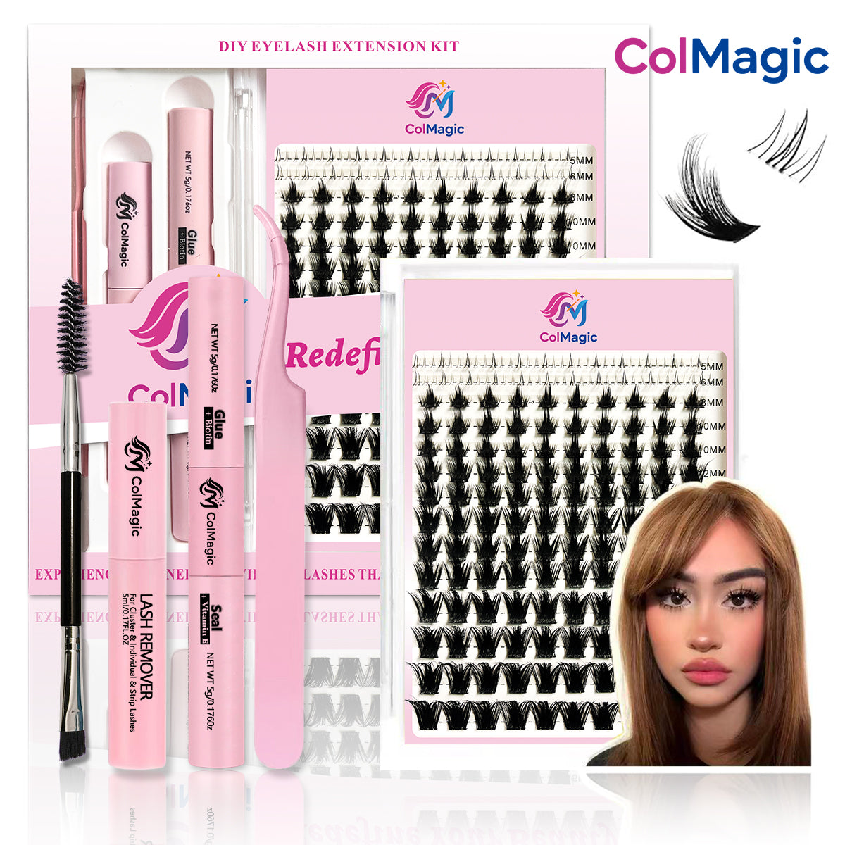 ColMagic DIY Lash Mixed Length Set (5-18mm) features anti-allergy and waterproof properties, delivering a voluminous and lightweight look.It includes long-lasting lash adhesive, sealant, tweezers, and makeup remover, making it ideal for beginner girls.