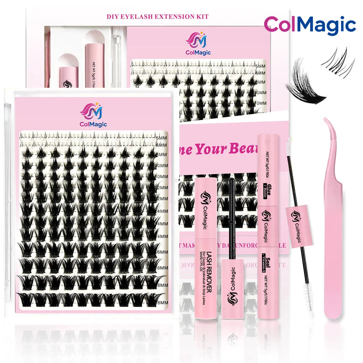 ColMagic DIY Lash Mixed Length Set (5-18mm) features anti-allergy and waterproof properties, delivering a voluminous and lightweight look.It includes long-lasting lash adhesive, sealant, tweezers, and makeup remover, making it ideal for beginner girls. - COLMAGIC