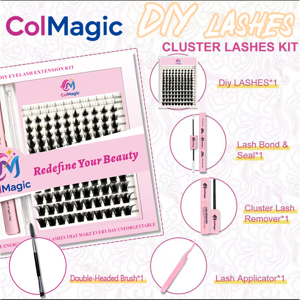 ColMagic DIY Lash Mixed Length Set (5-18mm) features anti-allergy and waterproof properties, delivering a voluminous and lightweight look.It includes long-lasting lash adhesive, sealant, tweezers, and makeup remover, making it ideal for beginner girls.