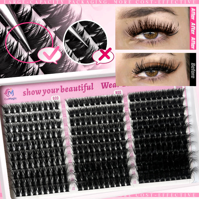ColMagic DIY Mixed Eyelashes Kit 10-18mm 60D/80D/100D Curls 300 Clusters Waterproof Hypoallergenic Lightweight for Natural No-Makeup Look Daily Wear Cosmetic Gentle soft fluffy volume  fans