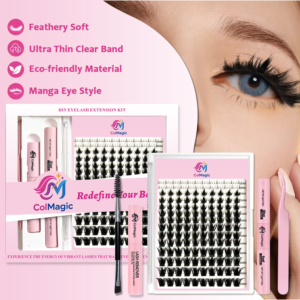 ColMagic DIY Lash Mixed Length Set (5-18mm) features anti-allergy and waterproof properties, delivering a voluminous and lightweight look.It includes long-lasting lash adhesive, sealant, tweezers, and makeup remover, making it ideal for beginner girls.
