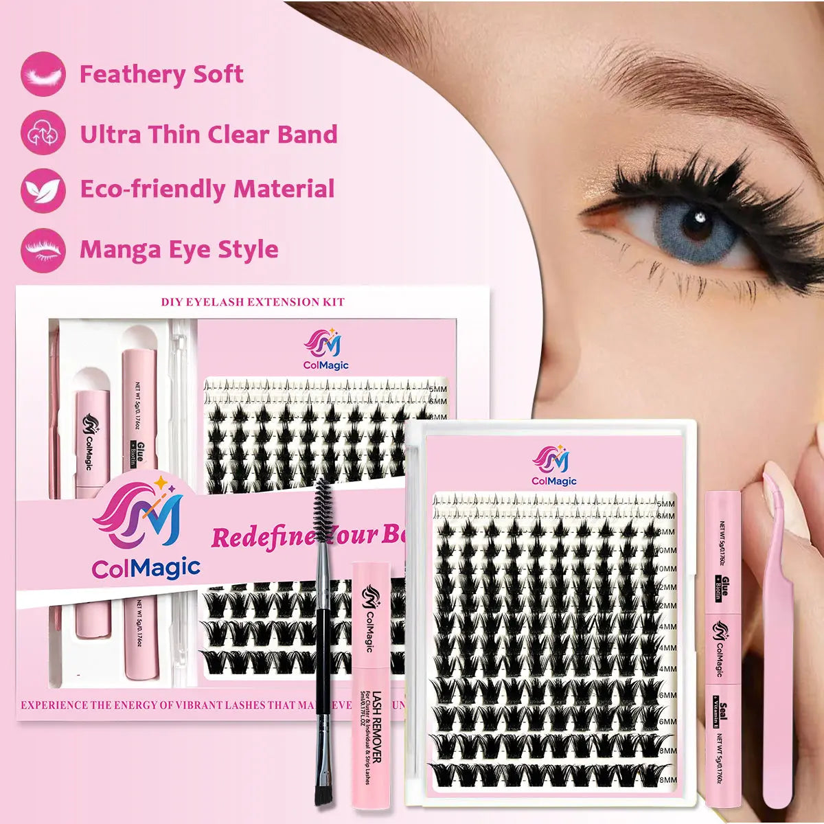 ColMagic DIY Lash Mixed Length Set (5-18mm) features anti-allergy and waterproof properties, delivering a voluminous and lightweight look.It includes long-lasting lash adhesive, sealant, tweezers, and makeup remover, making it ideal for beginner girls. - COLMAGIC