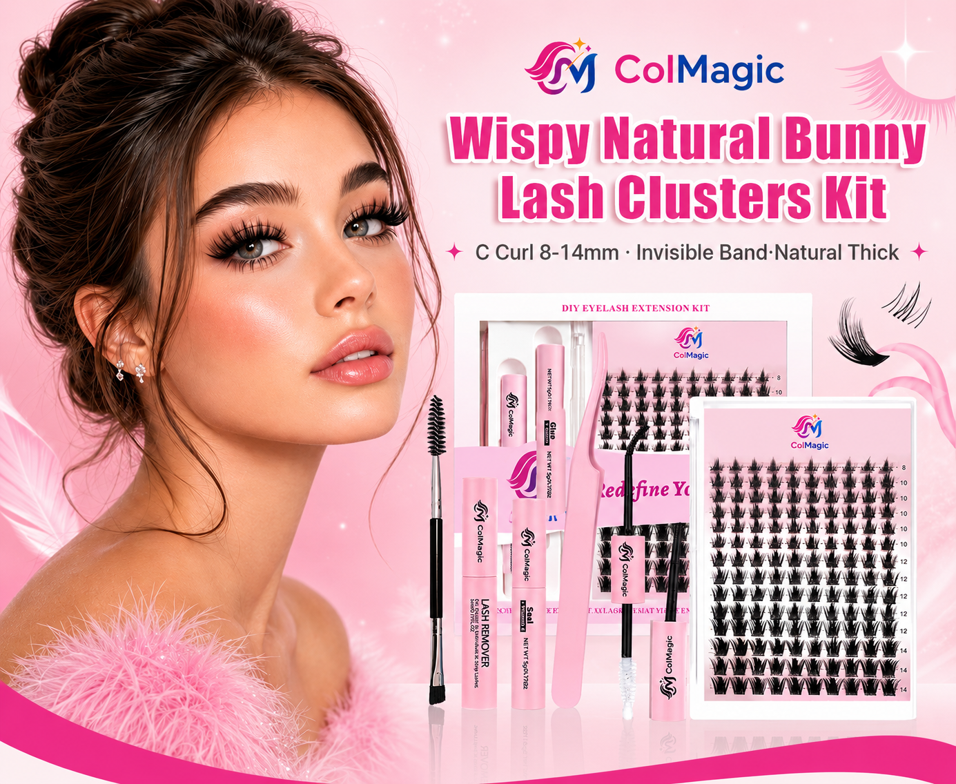 Wispy Natural Bunny Lash Clusters Kit - Fairy Individual Spikes Cluster Lashes D Curl 8-14mm, Invisible Band Eyelash Extensions with Manga