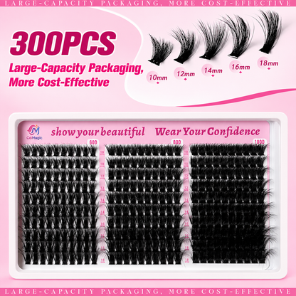 COLMAGIC Natural Volume Lash Clusters — 300PCS 60D/80D/100D Mixed Volume · 10–18mm · Soft Invisible Band