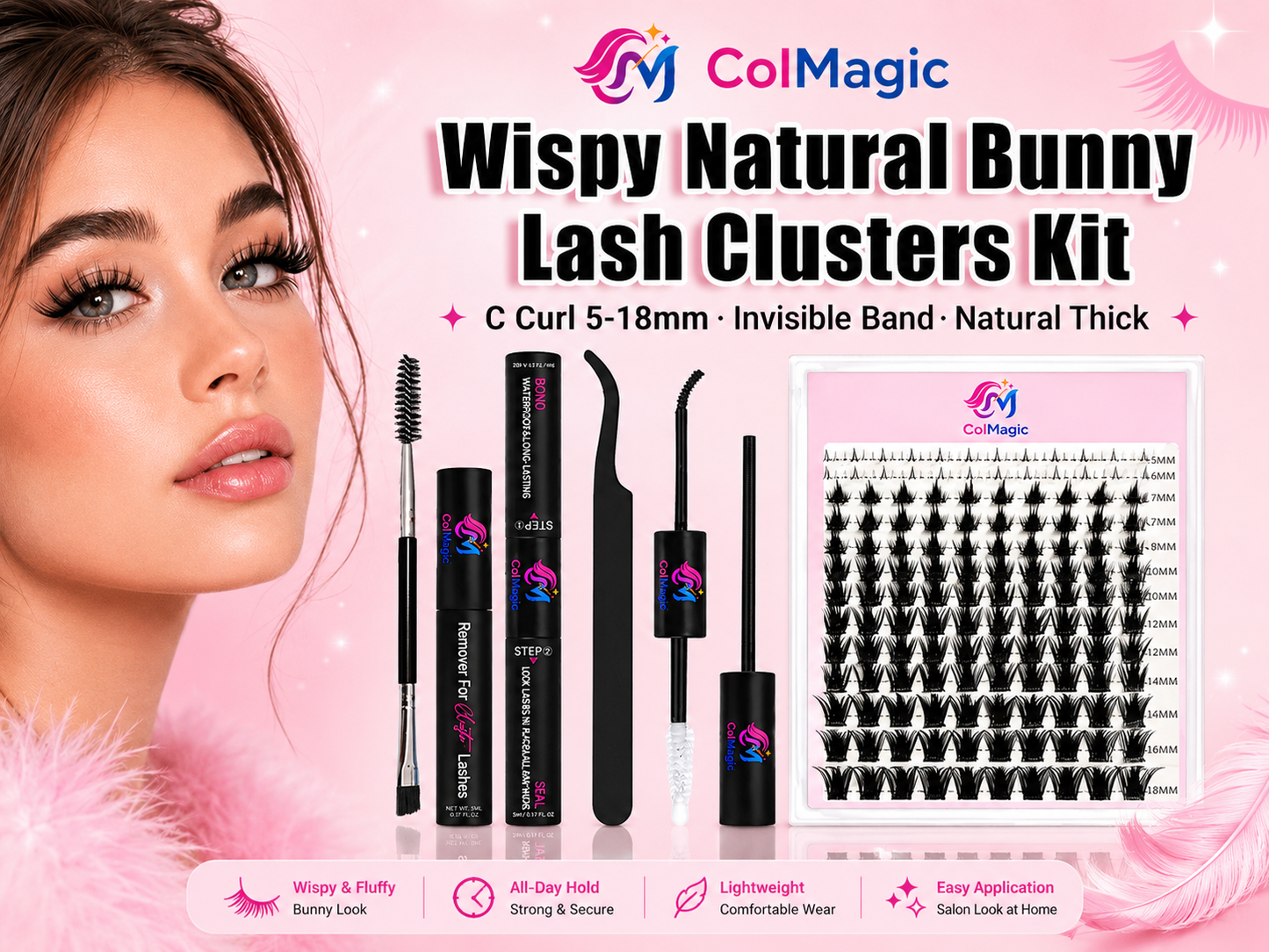 Lash Clusters Kit with Lash Bond and Seal Glue, 5-18mm Natural & Wispy Eyelashes for Lashes Cluster, Includes Lash Tweezers, with Bond&Seal Remover Applicator-DIY Lash Extension Kit(Black 148 Pcs)