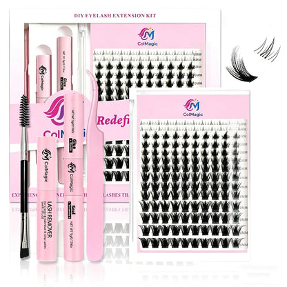 COLMAGIC DIY Manga Lash Cluster Kit – 8-14mm Fluffy Spiky Lash Clusters, with Bond, Seal & Tools and Tweezers, Lightweight Anime Eye Enlarging Effect, Waterproof Long-Lasting Retention, Easy to wear Pink