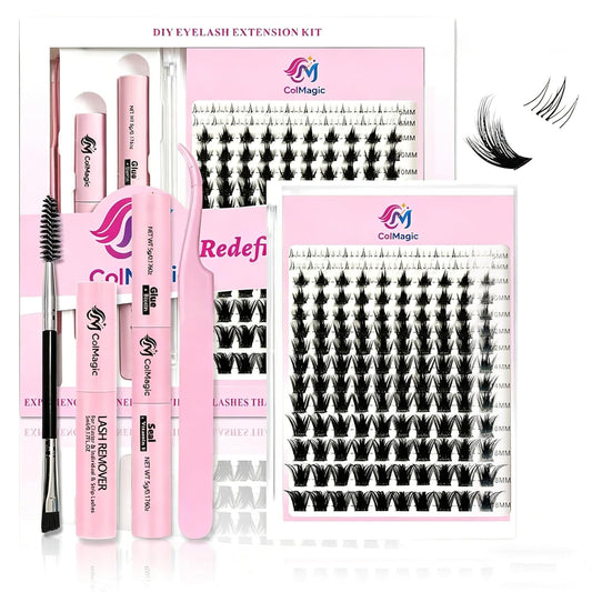COLMAGIC DIY Manga Lash Cluster Kit – 8-14mm Fluffy Spiky Lash Clusters, with Bond, Seal & Tools and Tweezers, Lightweight Anime Eye Enlarging Effect, Waterproof Long-Lasting Retention, Easy to wear Pink
