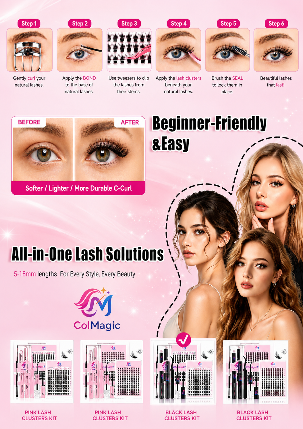 Lash Clusters Kit with Lash Bond and Seal Glue, 5-18mm Natural & Wispy Eyelashes for Lashes Cluster, Includes Lash Tweezers, with Bond&Seal Remover Applicator-DIY Lash Extension Kit(Black 148 Pcs)