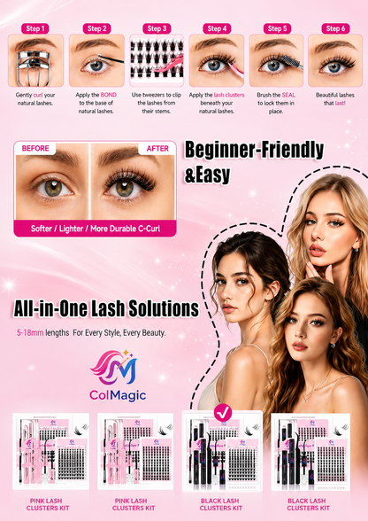 Lash Clusters Kit with Lash Bond and Seal Glue, 5-18mm Natural & Wispy Eyelashes for Lashes Cluster, Includes Lash Tweezers, with Bond&Seal Remover Applicator-DIY Lash Extension Kit(Black 148 Pcs)