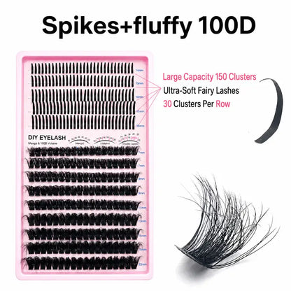 Upgraded DIY Spiky Fairy Lash Clusters - Fluffy 80D & 100D Mix Individual Lashes, Black Stem, 150pcs, 10-22mm - COLMAGIC