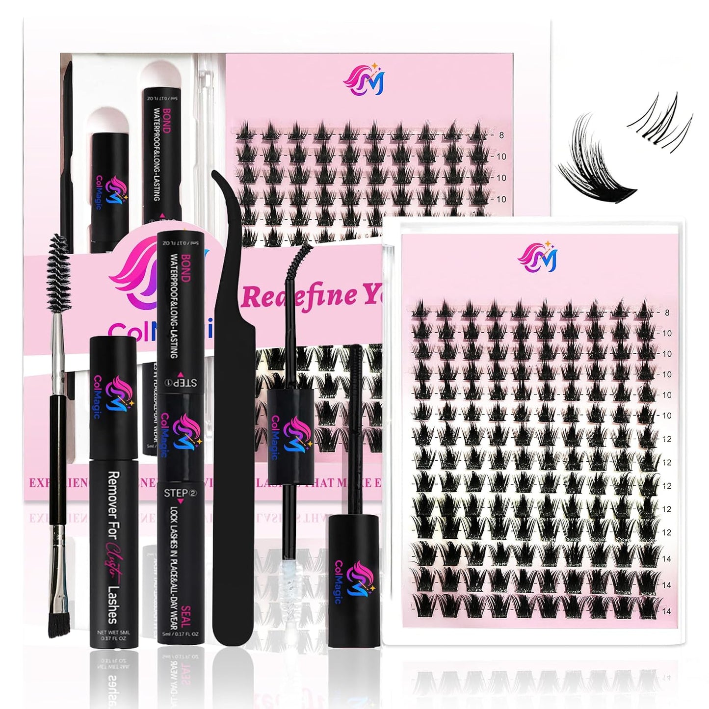 Lash Clusters Kit, 5-18mm Natural Wispy C-Cluster Lashes with Bond & Seal, Remover, Tweezer, DIY False Lash Extension Kit for Beginners, Black 144 Pcs