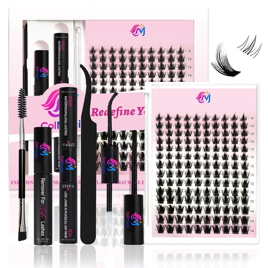 Lash Clusters Kit, 5-18mm Natural Wispy C-Cluster Lashes with Bond & Seal, Remover, Tweezer, DIY False Lash Extension Kit for Beginners, Black 144 Pcs